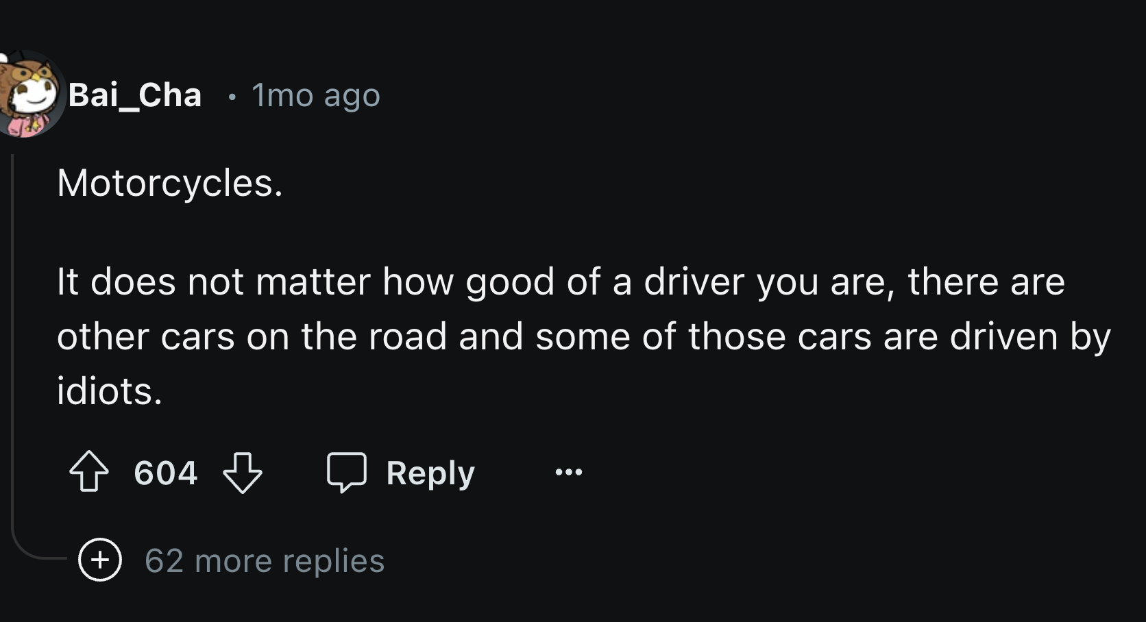 screenshot - Bai_Cha 1mo ago Motorcycles. It does not matter how good of a driver you are, there are other cars on the road and some of those cars are driven by idiots. 604 62 more replies